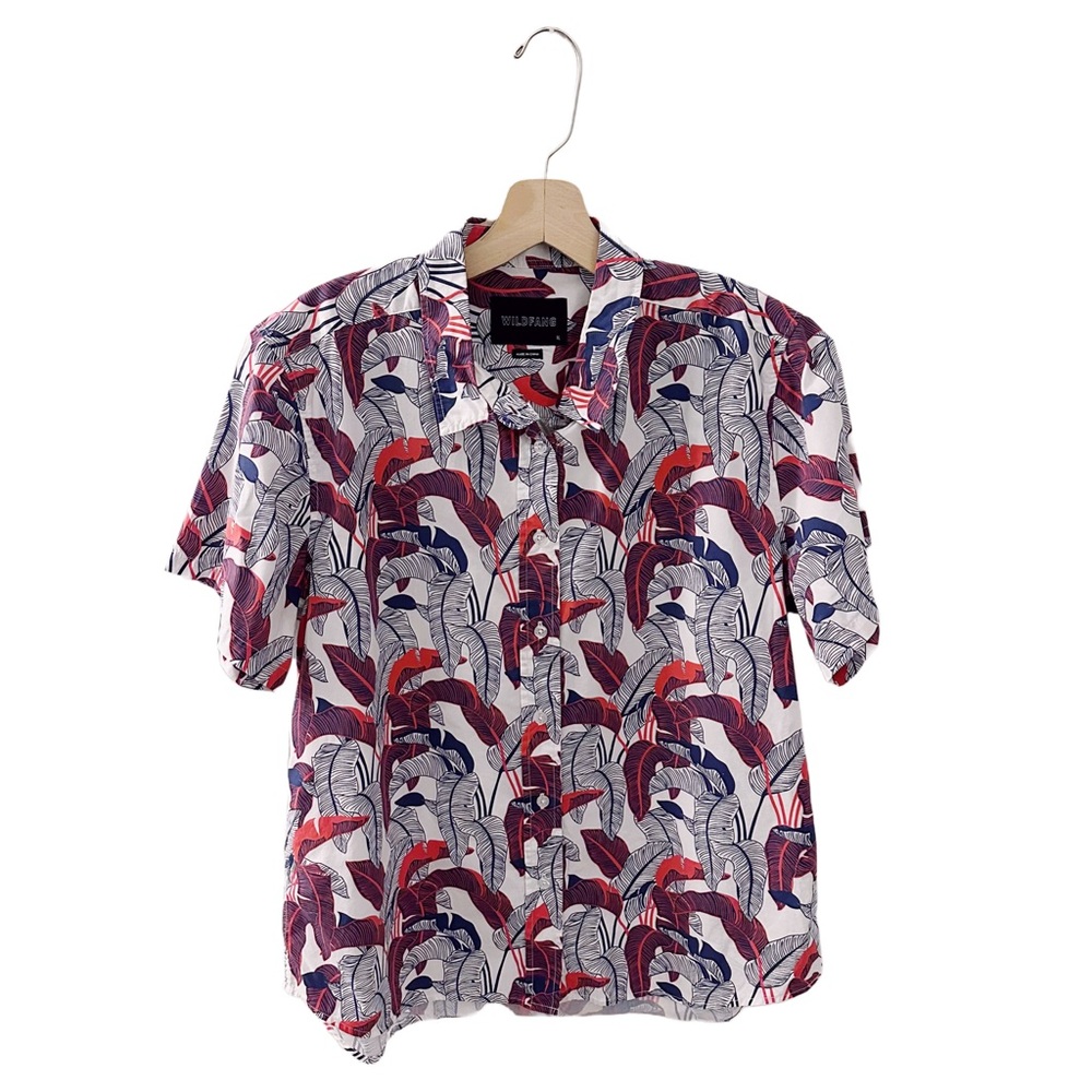 Wildfang Short Sleeve Button Up Cotton Leaf Printed Top Summer
